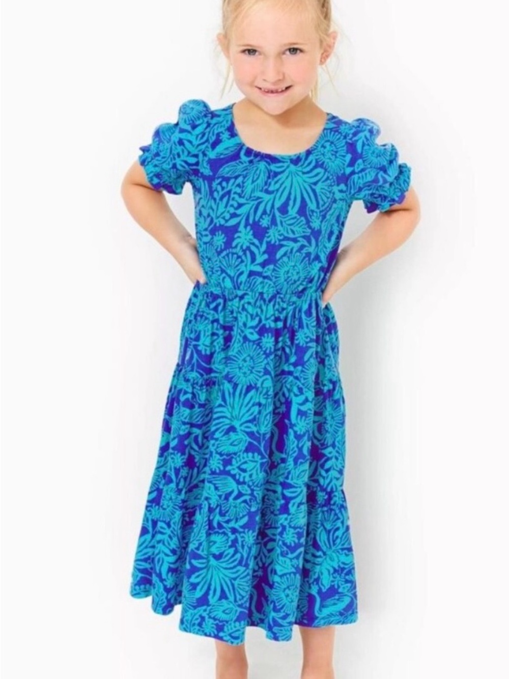Lilly Pulitzer Blue Floral Puff-Sleeve Kids Dress size 6/7